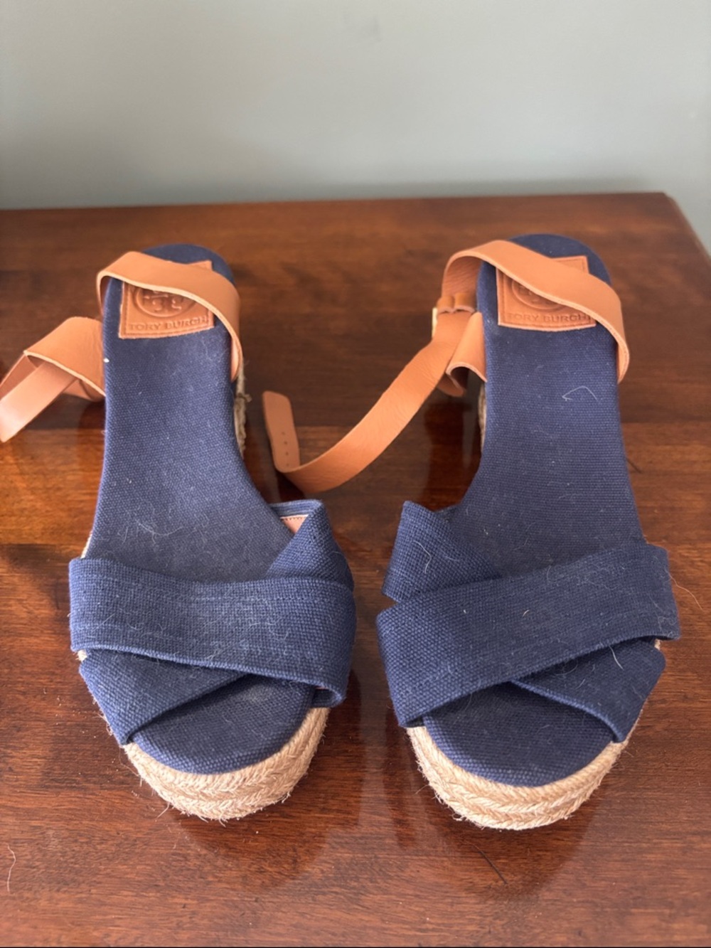 Tory Burch Navy Canvas Wedge Sandals with Tan Ankle Straps